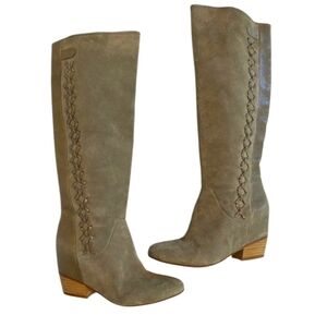 GIANNI BINI Leather/Suede Two Toned Braid Detail Knee High Boots. Olive.Size 7.5